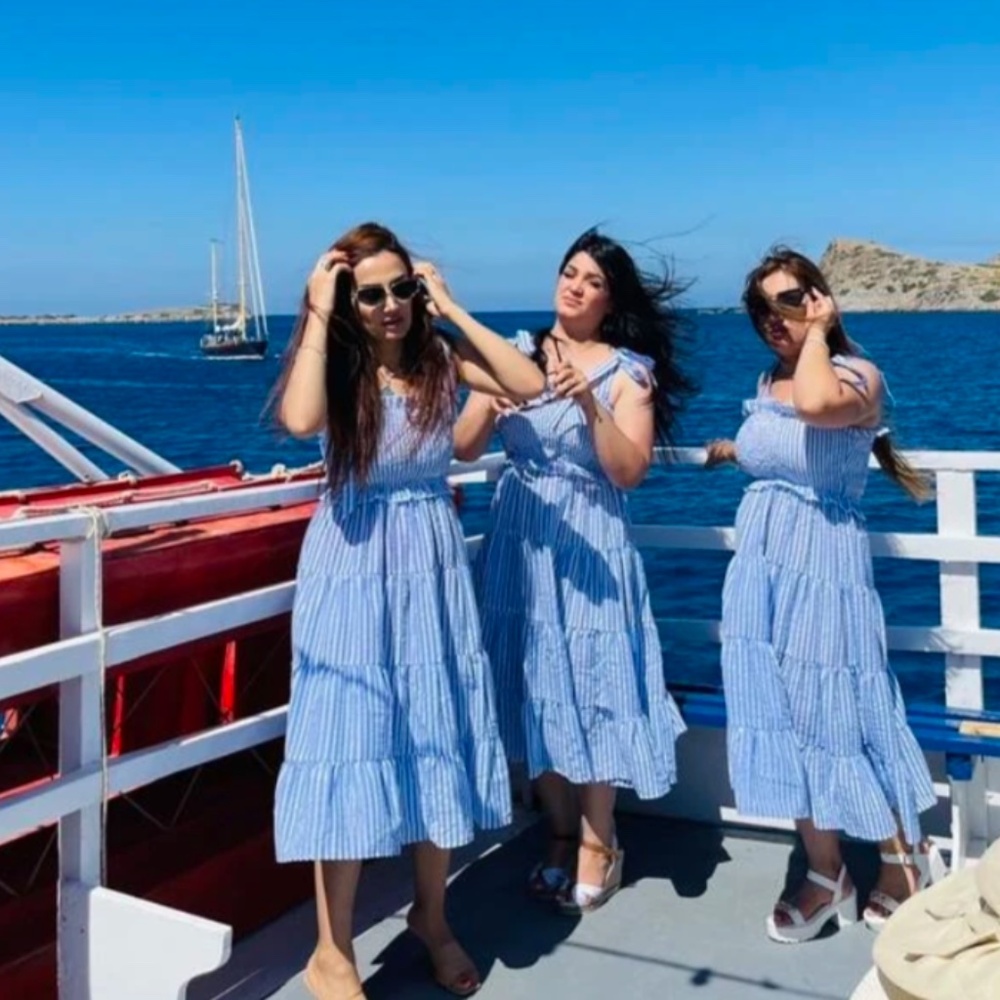 Striped Blue White Midi Dress Tie Straps Shirred Ruffle Detail - Picture 12 of 16